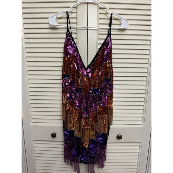 ASOS EDITION blocked chevron sequin fringe mini dress SIZE 8 - Picture 2 of 12